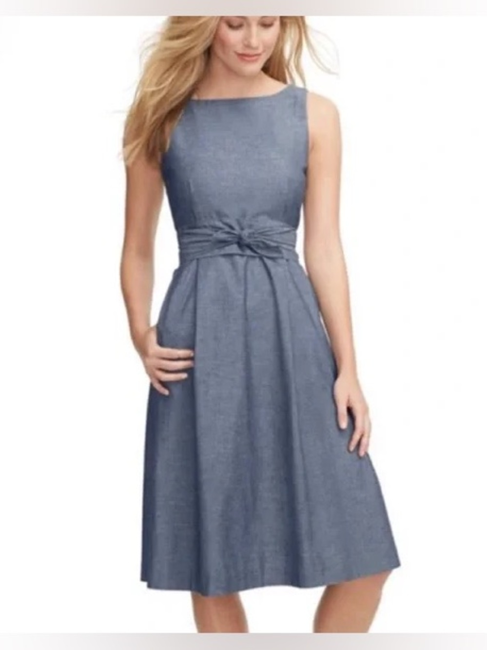 L.L. Bean Blue Cotton Chambray Belted Midi Dress